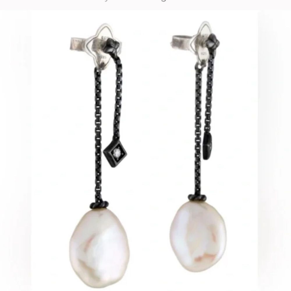 David Yurman Pearl & Diamond Solari Black Chain Drop Earrings EUC